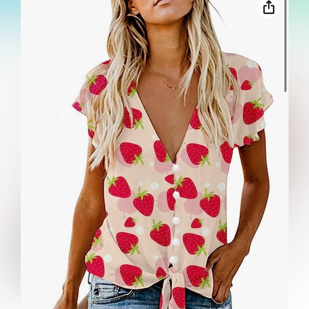 Rue21 Red and Green Ruffled Tie Front Blouse strawberry 🍓